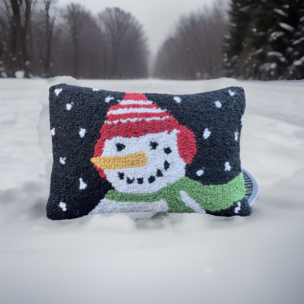 Winter Snowman Throw Pillow Artisan Hand Hooked Wool Black Festive Holiday Decor